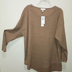 Rio & Rian 1X Brown Ribbed Knit Sweater NWT $69 Asymmetrical Hem Stretch Pullove